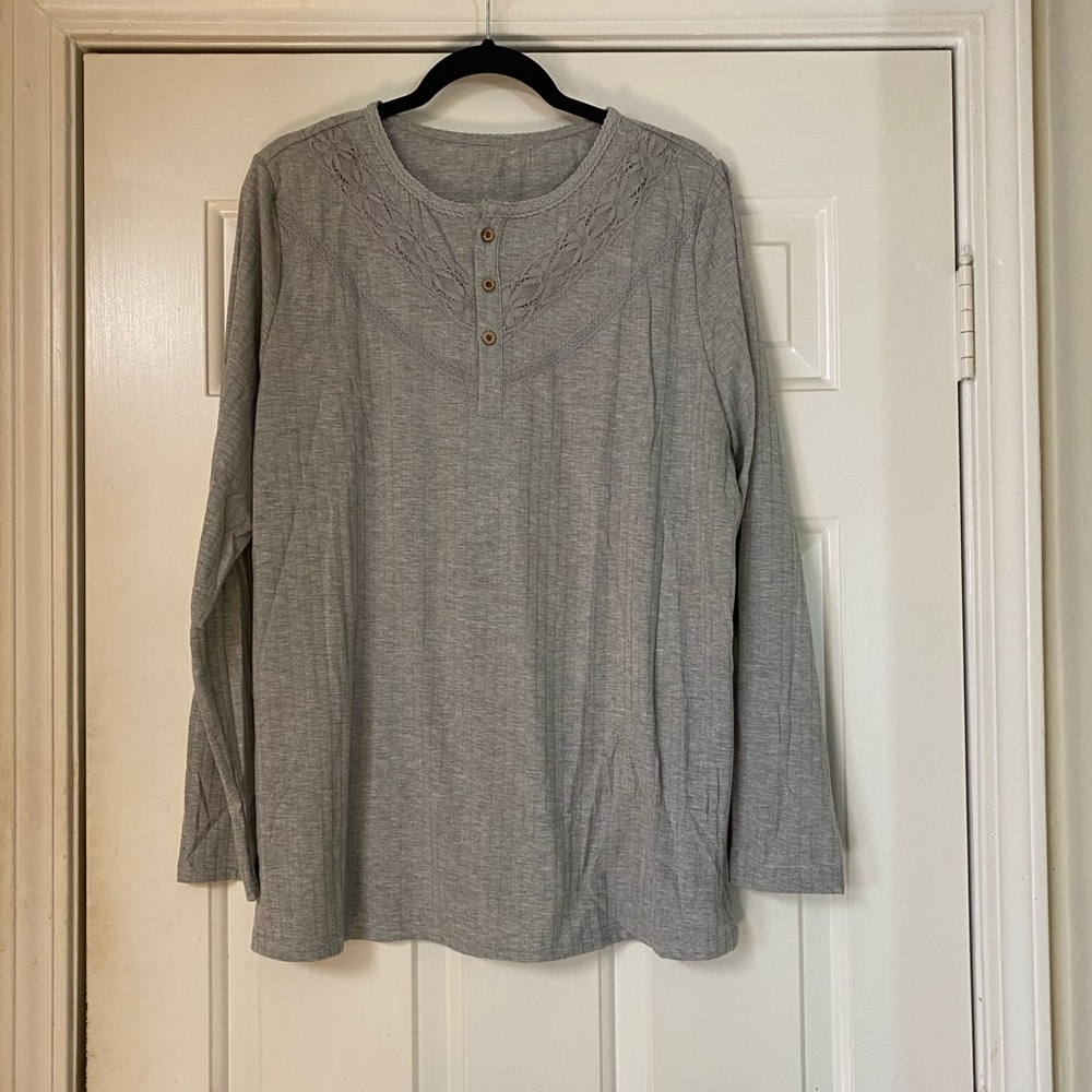 Gray Lace Henley Long Sleeve Top NWOT